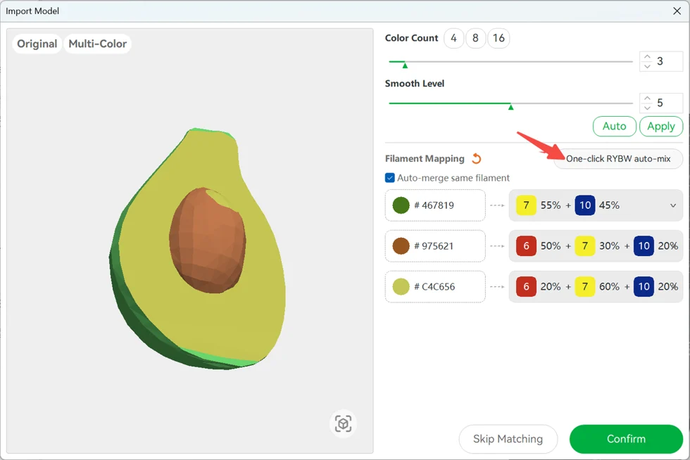 Bambu Studio Decompose Color mapping an avocado model to blends of three existing filaments with per-filament percentages