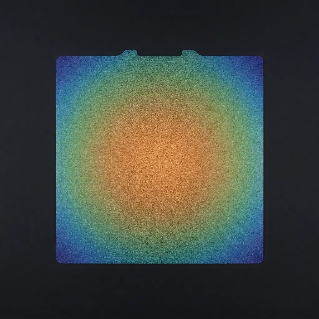 Thermal-camera style view of the H2D build plate: hot orange in the centre, cooling through green to deep blue at the edges and corners