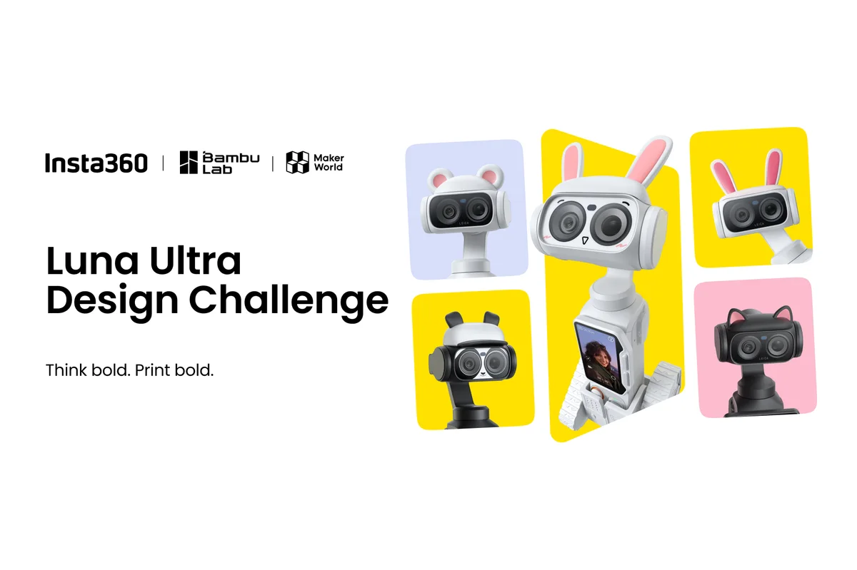 Official Luna Ultra Design Challenge campaign graphic showing an Insta360 Luna Ultra gimbal camera wearing 3D printed bunny-ear, bear and cat-themed accessory mods, with Insta360, Bambu Lab and MakerWorld logos
