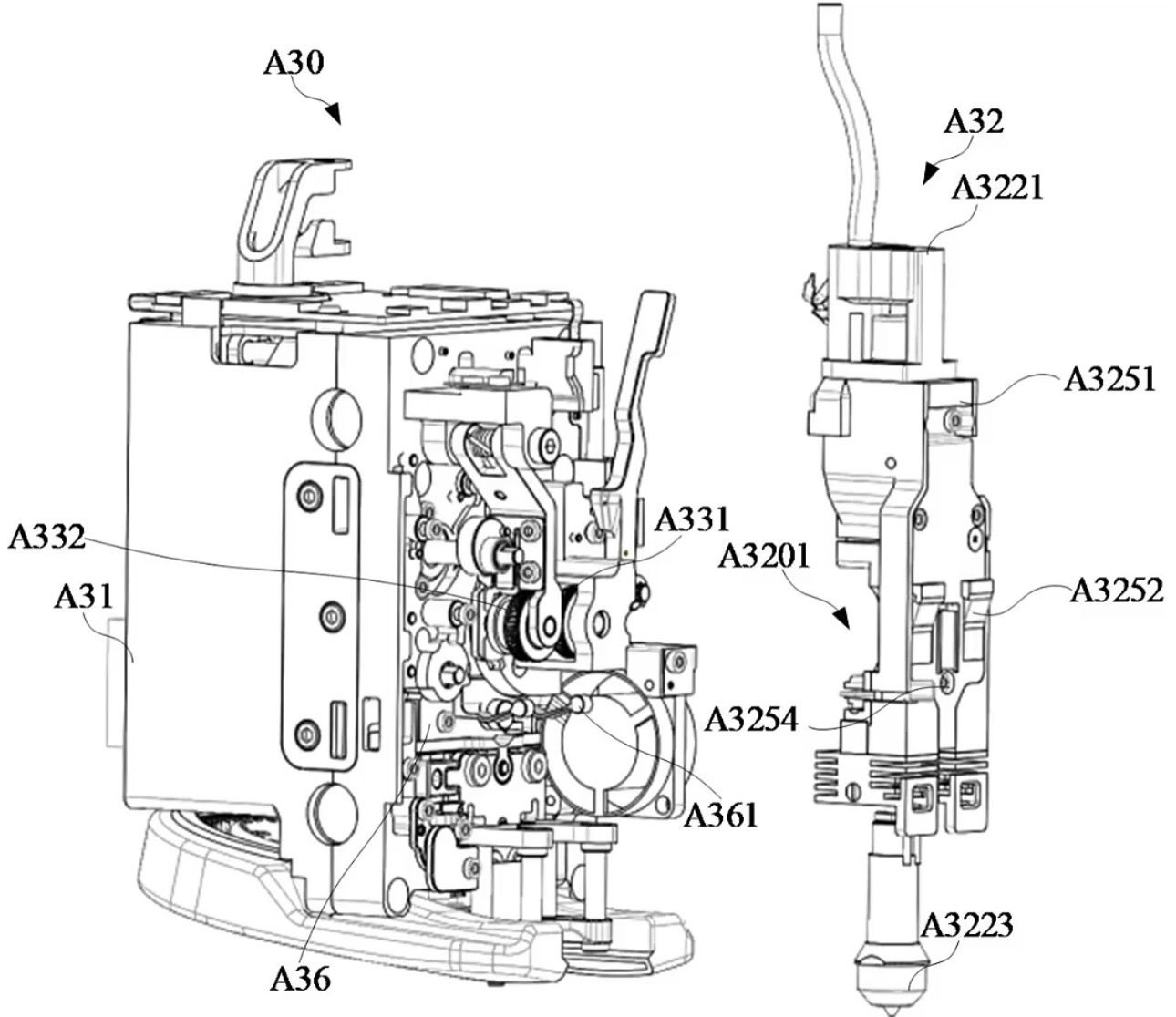 Patent figure showing the toolhead on the left with its extruder gear pair, and the detachable hotend unit on the right with filament inlet, latches and nozzle