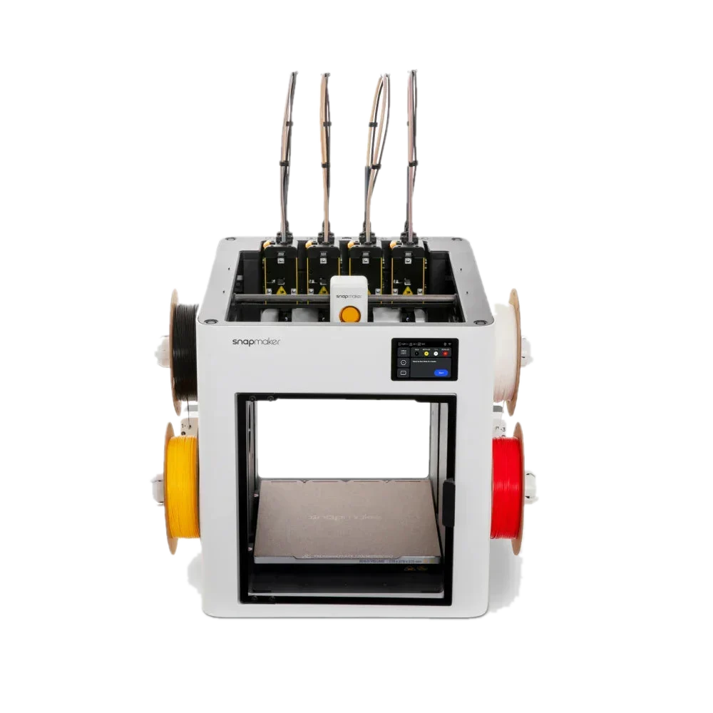 Snapmaker U1 tool changer 3D printer, front view, with four toolheads parked on the top rack and four filament spools mounted on the sides