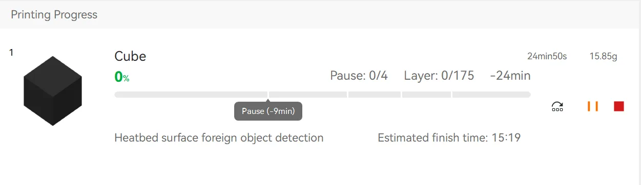 Bambu Studio 2.8.2 print progress bar showing numbered pause point markers with a tooltip estimating time until the next pause